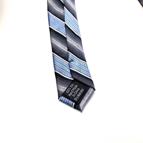 Joseph Feiss International Woven Gray Blue Striped Silk Tie Wide‎ - Picture 4 of 6